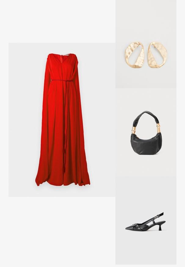 Robe rouge avec un décolleté en V, de longues manches fluides et une taille cintrée. Fabriquée en tissu léger, elle dispose d'une fermeture éclair au dos.; Chaussure slingback en cuir noir avec un bout pointu, des sangles décoratives avec œillets en métal et un petit talon carré. Surface texturée.; Sac à main en cuir noir de forme ronde, texture douce, et avec une anse nouée ornée d'accents en matériel doré. Fermeture éclair.; Une paire de boucles d'oreilles en métal doré, de forme ovales irrégulières, avec une surface texturée et légèrement martelée sur fond blanc.