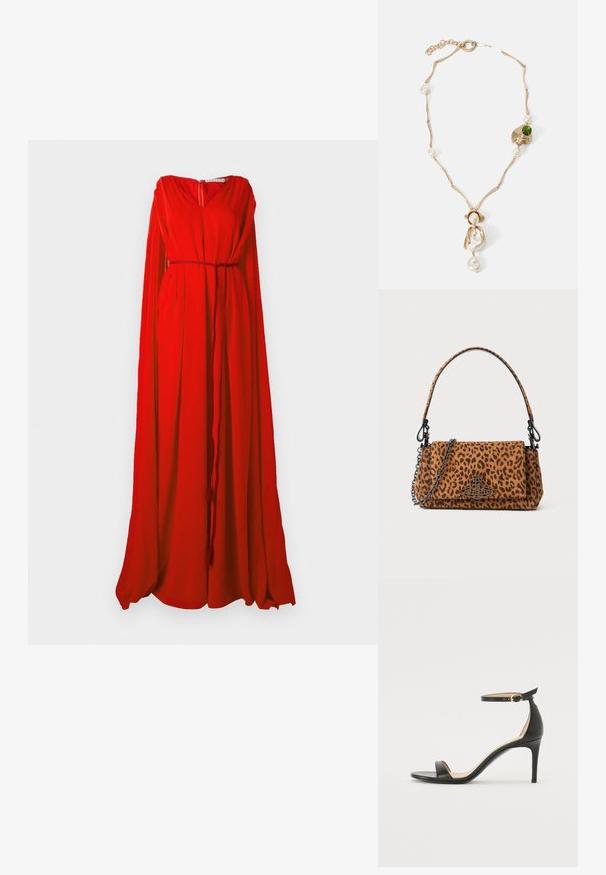 Red dress with a V-neckline, long flowing sleeves, and a cinched waistline. Made of lightweight fabric, featuring a zipper at the back.; Black leather high-heeled sandal with an ankle strap. Features a smooth texture, open toe, and a thin heel. Gold-toned buckle detail.; Leopard print handbag made of suede with a short handle, a chain strap, and a black hardware clasp. Rectangular shape with a flap closure.; Gold-tone necklace with twisted links, white pearls, and a green stone accent. Features intricate details and a clasp for fastening.