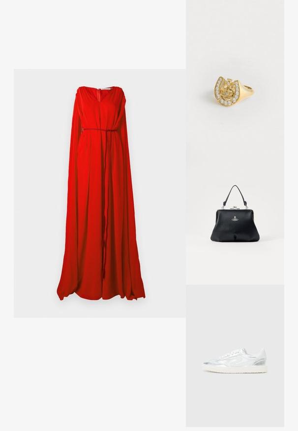 Robe rouge avec un décolleté en V, de longues manches fluides et une taille cintrée. Fabriquée en tissu léger, elle dispose d'une fermeture éclair au dos.; Baskets blanches avec des accents argentés métalliques, texture lisse, bout rond, semelle plate et design classique à lacets.; Sac à main en cuir noir avec une surface texturée, accessoires en acier inoxydable, fermeture à cliquet et une courte anse pour le porter. Design compact et structuré.; Bague en or avec un design de couronne à l'intérieur d'un fer à cheval, décorée de petites pierres précieuses claires, sur un fond blanc.