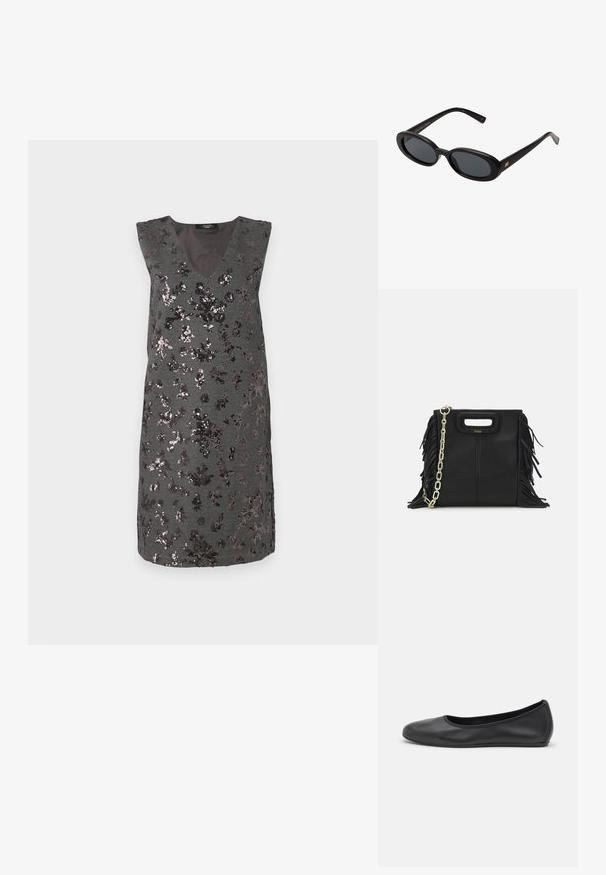 Vestido gris sin mangas con escote en V, adornado con oscuros lentejuelas en patrones florales, con tela texturizada y un dobladillo hasta la rodilla.; Bailarina de piel negra con punta redondeada, textura suave, detalle de costura minimalista y diseño de suela flexible.; Gafas de sol grandes de color negro con lentes ovalados, montura de plástico suave y detalles dorados en las patillas. Los lentes oscuros ofrecen protección solar.; Bolso de mano de cuero negro con detalles de flecos, correa de cadena dorada para el hombro y un asa con corte. Presenta una colocación del logotipo en la parte frontal.