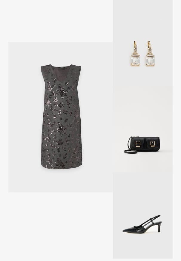 Robe sans manches grise avec un col en V, ornée de sequins noirs en motifs floraux, avec un tissu texturé et une longueur au genou.; Escarpin slingback en vernis noir avec un bout pointu, présentant un imprimé serpent texturé, une sangle réglable et un petit talon bloc texturé.; Sac en cuir noir porté en travers avec deux poches avant, boucles dorées, fermeture zippée et une sangle fine. Surface texturée et forme rectangulaire compacte.; Boucles d'oreilles en or lumineux avec un cristal rectangulaire transparent pendent sous une rangée de petits accents ronds transparents. Design élégant et moderne.