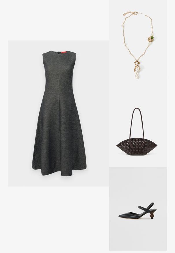 Szürke ujjatlan ruha, amelynek szoknyája bővülő sziluettet alkot, textúrált anyagból készült. Rejtett hátsó cipzárral és sima nyakkivágással rendelkezik.; Fekete bőr szandálcipő hegyes orral, íves kialakítással és kerek, fára hasonlító sarokkal. Keskeny bokapánttal rendelkezik.; THEMOIRè OLIMPIA - Kézitáska - fondant; Arany színű nyaklánc csavart láncszemekkel, fehér gyöngyökkel és zöld kő díszítéssel. Bonyolult részletekkel rendelkezik, és zárómechanizmussal van ellátva.