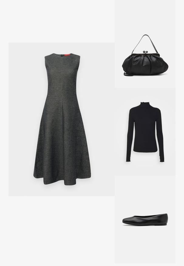 Abito grigio senza maniche con una silhouette svasata, realizzato in tessuto testurizzato. Presenta una cerniera sul retro nascosta e un scollo liscio.; Maglione nero a maniche lunghe con colletto a dolcevita realizzato in tessuto morbido, caratterizzato da un collo arricciato e una silhouette aderente con bordi semplici.; Paul Smith TOPANGA - Ballerine - black; Borsa a mano in pelle nera con un design arrotondato e plissettato. Presenta una chiusura metallica con due palline decorative e una tracolla sottile e removibile.