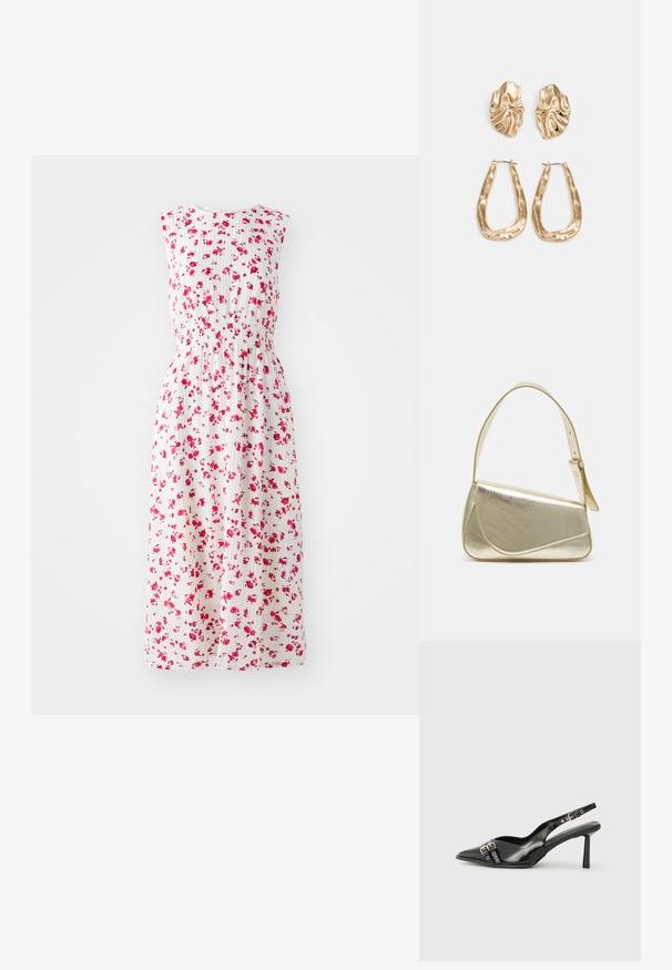 Rochie maxi florală cu un fond alb, decorată cu flori mici roz, având talie strânsă și design fără mâneci.; Pantofii slingback din piele lăcuită neagră, cu vârf ascuțit, bretele pentru gleznă cu catarame și accesorii din argint, și un toc subțire.; Geantă de umăr metalică aurie cu un design structurat, textură netedă și curea reglabilă. Prezintă o formă triangulară unică și cusături minimaliste.; Cercei aurii cu forme texturate și ondulate. Include studs sculpturale cu clip și un design de cerc deschis cu un finisaj cioplit.