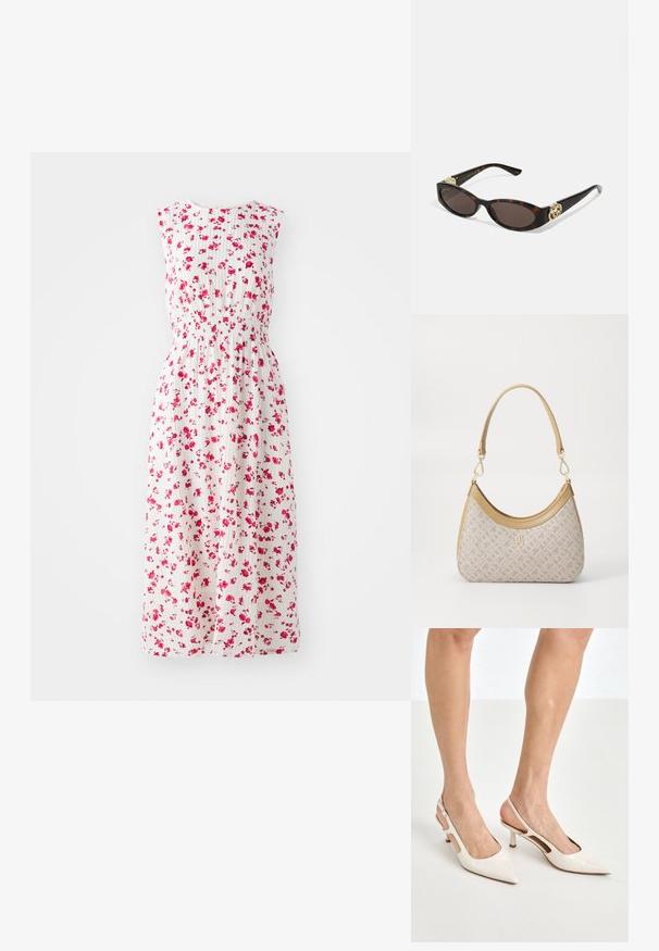 Vestido maxi floral con fondo blanco, decorado con pequeñas flores rosas, que presenta una cintura ajustada y un diseño sin mangas.; Tacones slingback de charol beige con punta afilada y un tacón de 5 cm, con lados recortados y una delgada correa en el tobillo.; Gafas de sol carey con lentes ovalados alargados, tintado marrón, acentos de logo dorado en las patillas y brazos negros elegantes.; Bolso de mano beige con un patrón y forma curva, acentos de cuero y un logo tono dorado en la parte frontal. Cuenta con un asa corta para un fácil transporte.; Collar de perlas y cristales con un diseño redondo y abalorado en tonos suaves, que presenta perlas alternadas y acentos brillantes, llevado alrededor del cuello.