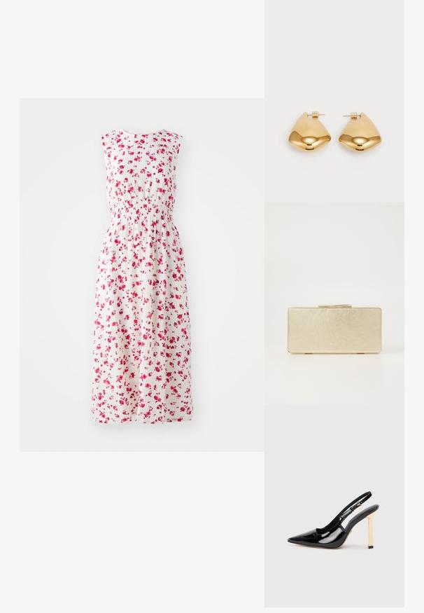 Gėlių maxi suknelė su balta fono spalva, dekoruota mažomis rožinėmis gėlėmis, turinti prigludusią liemenį ir be rankovių dizainą.; Juodas patentuotas odos aukštakulnis batelis su smailiu kojų pirštu ir auksinės spalvos kvadratiniu kulno akcentu. Ilgesnis reguliuojamas kulkšnies dirželis.; Auksinė delninė su lygiu metaliniu paviršiumi, stačiakampio formos ir paprastu užsegimu. Nėra matomų raštų ar dekoracijų.; Auksinės metalinės auskarai su lygia, suapvalinta trikampio forma ir užsegimu; blizgus paviršius su minimaliais dekoratyviniais elementais.