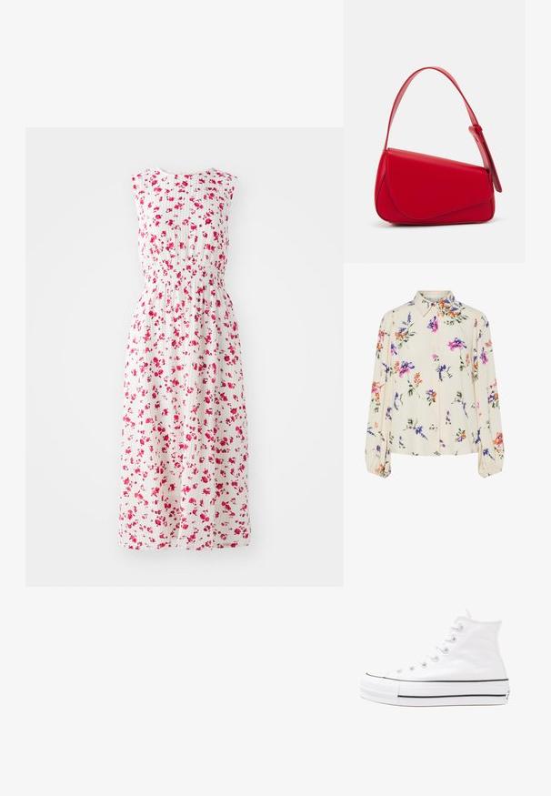 Květinové maxi šaty s bílým pozadím, vzorované malými růžovými květy, s vypasovaným pasem a bez rukávů.; Květnatá blůza s dlouhými balónovými rukávy, světle krémové barvy, s fialovými, oranžovými a zelenými květinovými vzory a klasickým límečkem.; Bílé vysoké plátěné tenisky s černou gumovou podrážkou, přední gumovou špičkou a šesti očky na tkaničky, se čistým, minimalistickým designem.; Červená kožená kabelka s ostrým, geometrickým designem. Má jeden nastavitelný popruh a klopu s prošívanými detaily.