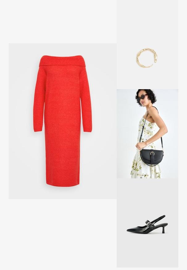 Raudona megzta suknelė, be petnešų, ilgos rankovės, vidutinio ilgio, lygi tekstūra, be papuošimų dizainas, su drabužio kraštu su raukšlėmis.; Juodai lakuoti slingback aukštakulniai su smailiu kojų pirštu ir mažais blokiniais kulniukais, su sidabro sagtimi ant dirželio.; Juodas odinis krepšys su išlenkta forma, nuimamu dirželiu ir auksiniais detalėmis. Krepšys turi kilpą su sagtimi.; Auksinės spalvos žiedas, turintis organišką, sukimosi dizainą su lygiu paviršiumi ir siaurėjančiais galais, sukuriantis modernią skulptūrinę išvaizdą.