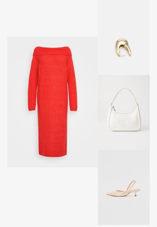 Červené pletené šaty s odhalenými rameny, dlouhými rukávy, střední délky, hladké textury, bez výzdoby a s ribbovaným výstřihem.; Béžové lakované kožené lodičky se špičatou špičkou a štíhlým čtvercovým podpatkem. Hladký povrch a minimalistický design bez ozdob.; Bílá kožená kabelka s křivkovým tvarem, na přední straně s vyraženým logem "CK" a jediným ramenním popruhem. Zipový uzávěr na vrchu.; Náušnice ve zlatém tónu z kovu s elegantním zakřiveným designem. Vyznačují se jedinečným špičatým tvarem, lesklým povrchem a závěsem na kloub.