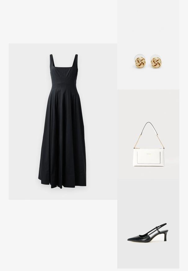Vestido preto sem mangas com decote quadrado, design plissado e saia fluida, feito de um tecido suave. Estética minimalista.; Salto slingback em patente preta com bico apontado, apresentando um padrão de pele de cobra texturizado, tira ajustável e um salto bloco curto e texturizado.; Bolsa de mão branca em couro com acabamento texturizado, featuring a corrente dourada e detalhes pretos. Inclui um bolso frontal e fecho com zipper.; Brincos de pressão em tom dourado com um design torcido. Cada brinco possui uma base circular transparente para um uso seguro.