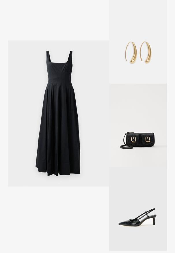 Czarna sukienka bez rękawów z kwadratowym dekoltem, plisowanym wzorem i zwiewnym dołem, wykonana z gładkiego materiału. Minimalistyczna estetyka.; Czarne lakierowane czółenka na obcasie typu slingback z wąskim noskiem, z teksturowanym wzorem wężowym, regulowanym paskiem oraz krótkim, teksturowanym obcasem w kształcie słupka.; Czarna skórzana torba na ramię z dwoma przednimi kieszeniami, złotymi klamrami, zamkiem błyskawicznym i cienkim paskiem. Teksturowana powierzchnia i kompaktowy prostokątny kształt.; Złote metalowe kolczyki w kształcie obręczy o zakrzywionym, wydłużonym kształcie. Posiadają gładką, błyszczącą powierzchnię oraz zaokrąglony koniec dla dodatkowego efektu.