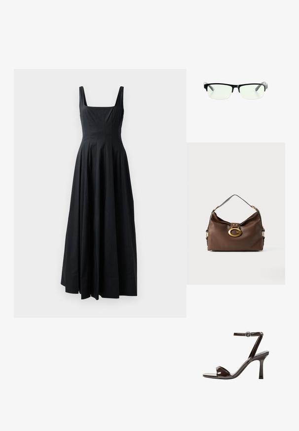 Crna haljina bez rukava s kvadratnim izrezom, naboranim dizajnom i lepršavom suknjom, izrađena od glatkog materijala. Minimalistički estetski stil.; Smeđi lakirani kožni sandali s visokim potpeticama, remenom oko članka, otvorenim prstima i elegantnim, minimalističkim dizajnom. Imaju kvadratnu potpeticu.; Crna pravokutna naočala s prozirnim lećama, sa sofisticiranim crnim okvirom i sivim prozirnim drškama. Minimalistički dizajn, bez vidljivog brendiranja.; Smeđa kožna torba s teksturiranom površinom, koja ima zlatni kopču i jedan zakrivljeni remen za rame.