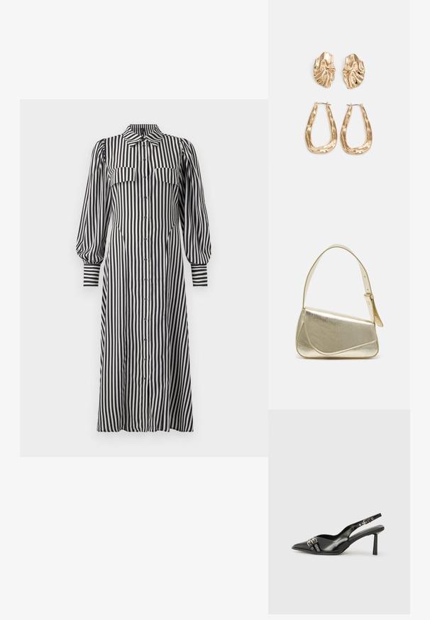 Vestido riscado com gola, mangas bufantes, fecho de botão na frente e dois bolsos no peito em tecido preto e branco.; Sapato slingback preto em pele patentada com bico apontado, tiras no tornozelo apresentando fivelas e acessórios prateados, e um salto elegante.; Bolsa de mão metálica dourada com um design estruturado, textura suave e alça ajustável. Apresenta uma forma triangular única e costura minimalista.; Brincos em tom de ouro com formas onduladas e texturizadas. Inclui studs escultóricos com presilha e um design de argola aberta com um acabamento martelado.