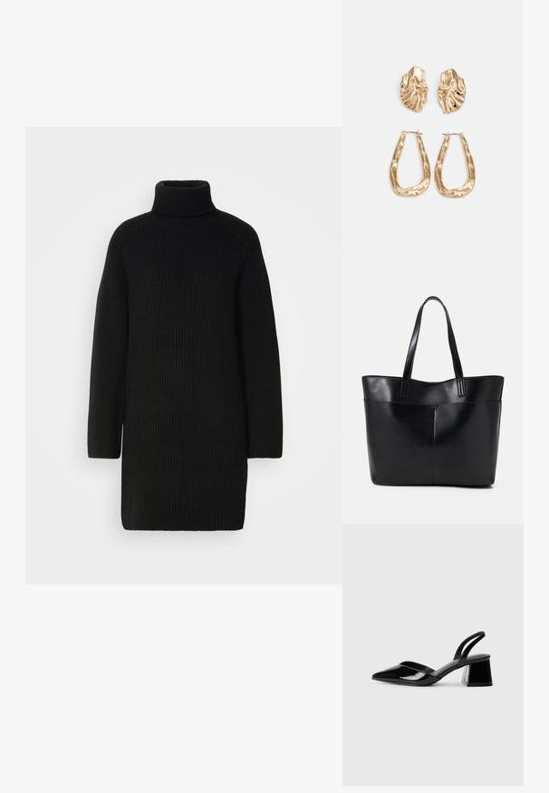 Vestido de punto negro con cuello alto, mangas largas y textura acanalada. Corte recto con aberturas laterales en el dobladillo.; Zapatos de tacón slingback de charol negro con punta afilada y tacón geométrico en bloque. Presentan un diseño elegante y minimalista, así como una textura suave.; Bolso tote de cuero negro con dos asas largas, textura suave y forma estructurada. Cuenta con un bolsillo frontal para almacenamiento adicional.; Pendientes en tono dorado que presentan formas texturizadas y onduladas. Incluyen aros de clip esculturales y un diseño de aro abierto con un acabado martillado.