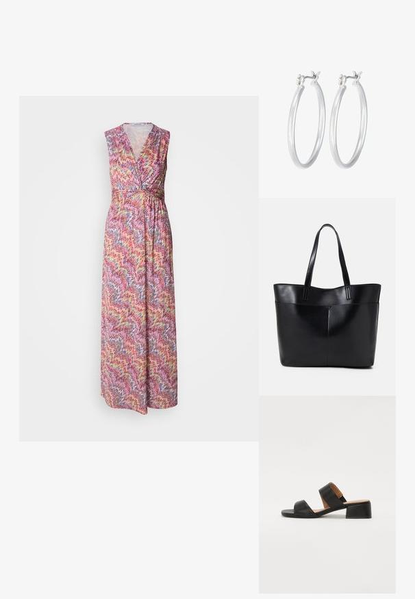 Maxi suknelė su V formos kaklu, be rankovių dizainas. Pagaminta iš lengvos medžiagos, su spalvingu zigzago raštu, kuriame dera rožinė, geltona ir mėlyna spalvos.; Juodas odinis šlepetės su dviem plačiomis dirželiais, einančiais per pėdą, kvadratine nosimi ir žemu blokiniu kulniuku. Glotni tekstūra ir minimalus dizainas.; Juoda odinė rankinė su dviem ilgais diržais, lygiu paviršiumi ir struktūrizuota forma. Yra priekinė kišenė papildomam saugojimui.; Sidabriniai auskarai su sklandžiu, poliruotu paviršiumi. Apvalios formos ir saugus uždarymo mechanizmas. Lengvas dizainas, tinkantis kasdieniam dėvėjimui.