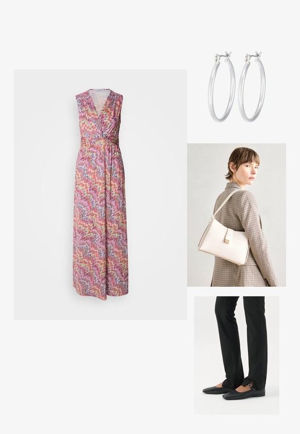 Maxi sukienka z dekoltem w kształcie litery V, bez rękawów. Wykonana z lekkiego materiału z kolorowym wzorem w zygzaki w odcieniach różu, żółci i niebieskiego.; Czarne skórzane baletki z ostro zakończonym noskiem, paskiem z srebrną klamrą, w połączeniu z czarnymi spodniami o dopasowanym kroju z rozcięciem u dołu.; Biała skórzana torebka o strukturalnym wzorze, z magnetycznym zapięciem i paskiem na ramię, zaprezentowana na neutralnym tle.; Srebrne kolczyki w formie kółek o gładkim, polerowanym wykończeniu. O okrągłym kształcie i pewnym zapięciu na klik. Lekka konstrukcja odpowiednia do codziennego noszenia.