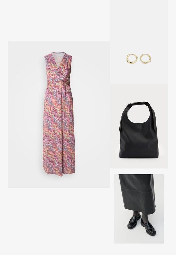 Maximekkoinen, jossa on V-pääntie ja hihaton muotoilu. Valmistettu kevyestä kankaasta, jossa on värikäs sahalaitakuosi vaaleanpunaisena, keltaisena ja sinisenä.; Musta nahka loaferit sileällä pinnalla, jossa on koristeellinen hihna, pyöreä kärki ja teksturoitu pohja. Yhdistetty pitkän mustan nahkahameen kanssa.; Musta nahkainen hobo-laukku, jossa on yksi pehmeä, pyöreä kahva; ominaisuuksina sileä pinta ja minimalistinen muotoilu. Ei näkyvää metalliosaa tai koristeita.; Kultaiset renkaat, joissa on teksturoitu, epäsäännöllinen muoto. Varustettu saumattomalla suljinnalla ja kiillotetulla pinnalla, mikä korostaa modernia muotoilua.