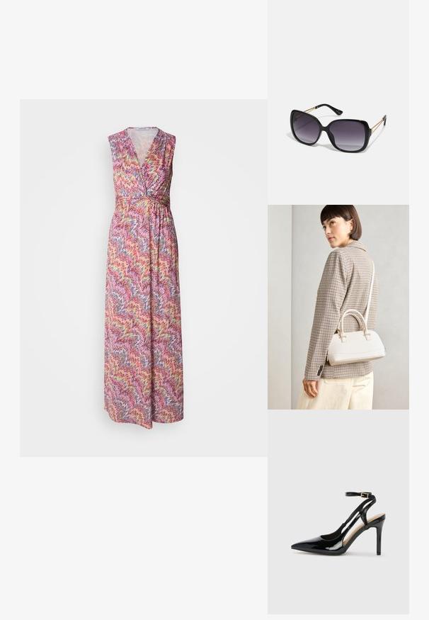 Maxi ruha V-kivágással, ujjatlan kialakítással. Könnyű anyagból készült, amely színes cikk-cakk mintával rendelkezik rózsaszín, sárga és kék színekben.; Fekete lakkbőr magassarkú, slingback cipő, hegyes orral, állítható bokapánttal és nyitott oldalakkal. Simító felület.; Fekete, oversize napszemüveg fokozatos árnyalatú lencsékkel, vastag kerettel és arany színű lánc díszítéssel a szárakon.; Fehér, strukturált kézitáska rövid füllel és vállpánttal, arany színű fém kiegészítőkkel és texturált anyagból, szürke háttér előtt bemutatva.