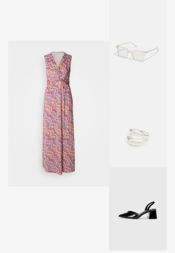 Maksīvkleita ar V veida kakla izgriezumu un bez piedurknēm. Izgatavota no viegla auduma ar krāsainu zigmaģz veida rakstu rozā, dzeltenā un zilā krāsā.; Melna lakota āda ar atvērto papēdi, ar smailu purngalu un ģeometrisku blokpapēdi. Iezīmējas elegants, minimāls dizains un gluda tekstūra.; Caursplūstošas kvadrātveida brillēs ar caurspīdīgiem lēcām, ar zelta akcentiem uz tempļiem, lai pievienotu detaļas.; Sudraba divu joslu gredzens ar gludu, pulētu virsmu. Iezīmējas ar plūstošu, izliekta dizaina struktūru ar pārklājošām sekcijām modernam izskatam.