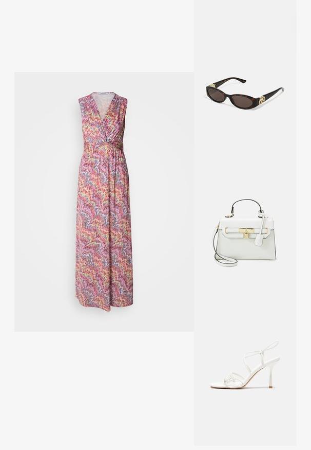 Maksīvkleita ar V veida kakla izgriezumu un bez piedurknēm. Izgatavota no viegla auduma ar krāsainu zigmaģz veida rakstu rozā, dzeltenā un zilā krāsā.; Baltas striķu augstpapēžu sandales ar plakanu pirkstu daļu, teksturētu priekšpusi ar saveltiem akcentiem un šauru potītes siksniņu.; Tīģerbrūnā sauļošanās brillēm ar izstieptām ovālām lēcām, brūnu tonējumu, zeltītiem logotipa akcentiem uz tempļiem un plānām melnām kājām.; Balts rokassomu ar krokodila tekstūru, zelta aksesuāriem, augšējo rokturi un noņemamu plecu siksnu; iekļauj slēgšanu ar atslēgu un minimālistisku dizainu.