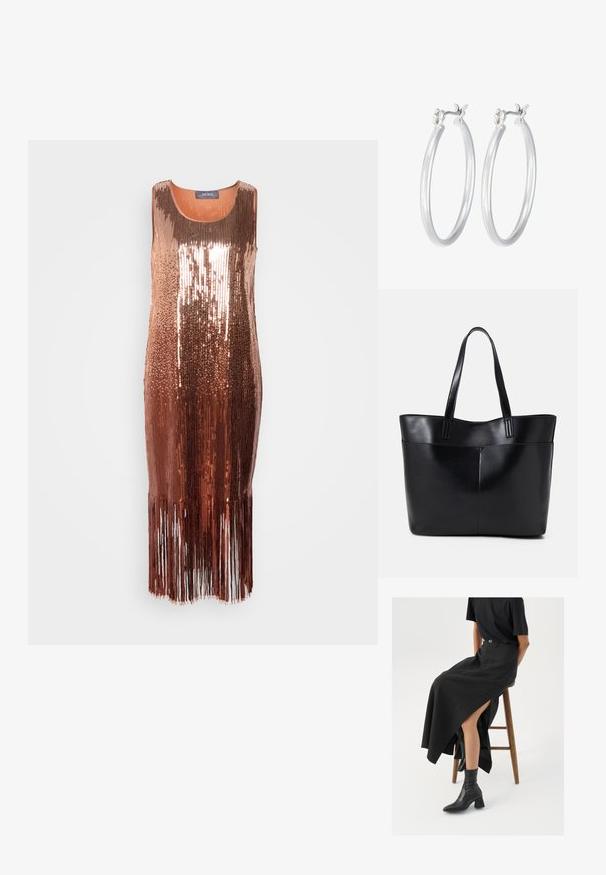 Bronzinė blizgučių suknelė be rankovių, su apvaliu kaklu ir frizūra hemu, sukurianti blizgantį efektą.; Juoda lininė maksi sijonas su aukštu plyšiu, vilkimas su juodu marškinėliu ir juodais aulinukais. Minimalistinis dizainas su laisvu siluetu.; Juoda odinė rankinė su dviem ilgais diržais, lygiu paviršiumi ir struktūrizuota forma. Yra priekinė kišenė papildomam saugojimui.; Sidabriniai auskarai su sklandžiu, poliruotu paviršiumi. Apvalios formos ir saugus uždarymo mechanizmas. Lengvas dizainas, tinkantis kasdieniam dėvėjimui.
