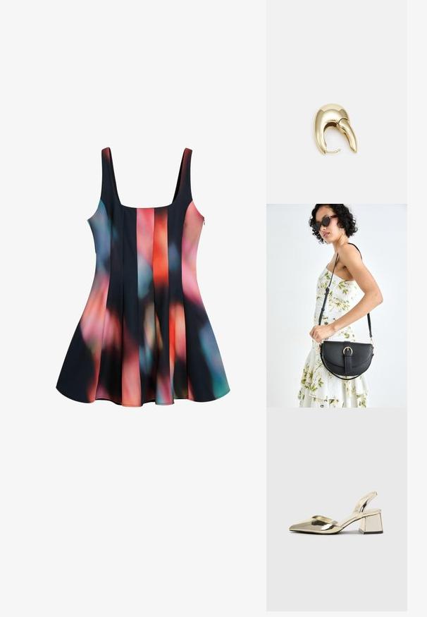 Mustmustärk mustvaline abstraktne muster, kus on punase, sinise ja roosa tooni. Laius allservas, ümar kaelus ja reguleeritavad rihmad.; Kuldne, metallilised slingback-kudumid terava varba ja paksu kontsaga. Sile tekstuur, minimalistlik disain ja kitsas rihm.; Mustmust mustraha kõverate joontega, eemaldatava rihmaga ja kuldsete detailidega. Kotil on klapp, millel on pandladetail.; Kuldtooni metallist kõrvarõngas, millel on elegantne ja kaarjas disain. Omab silmapaistvat teravat kuju, poleeritud pinda ja hingesulgemist.