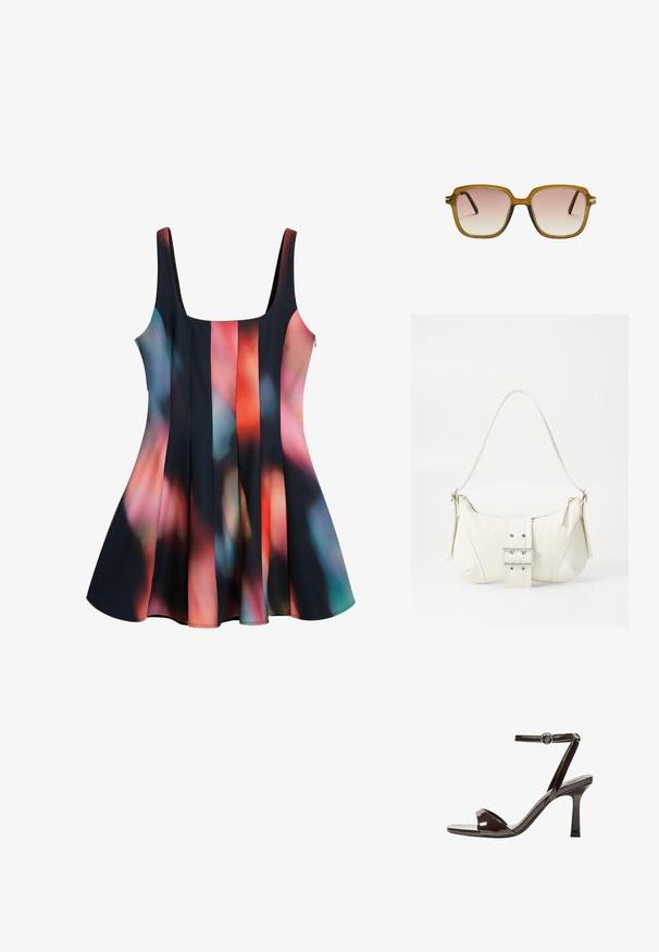 Čierne šaty s farebným abstraktným vzorom obsahujúcim odtiene červenej, modrej a ružovej. Rozšírený lem, okrúhly výstrih a nastaviteľné ramienka.; Hnedé lakované sandále na vysokom opätku s remienkom okolo členka, otvorenou špičkou a elegantným, minimalistickým dizajnom. Obsahujú štvorcovú pätu.; Štvorcové slnečné okuliare s svetlohnedým priehľadným rámom, gradientnými ružovými sklami a tmavohnedými bočnými ramenami. Minimalistický dizajn s jemnými detailmi.; Biela taška cez rameno s textúrovaným povrchom, centrálnou prackou a zakriveným tvarom. Zipsy na oboch stranách.