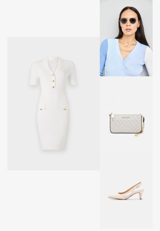 Fehér, testhezálló ruha rövid ujjak, gallér és három aranygomb díszítéssel. Két zseb található, aranygomb kiemelésekkel. Simaságot sugalló textúra.; Fehér slingback sarok, hegyes orral, sima felső anyaggal, alacsony blokk sarkával és oldalsó kivágott dizájnnal, állítható csatpánttal.; Kerek napszemüveg sötét lencsékkel és arany kerettel. A modellen világoskék, bordázott kardigán van gombokkal és kontrasztos fehér ujjaival.; Michael Kors bézs bevonatos vászon karkötő, amely ismétlődő MK logó mintával, aranyszínű fémrészletekkel és levehető lánchordóval rendelkezik.