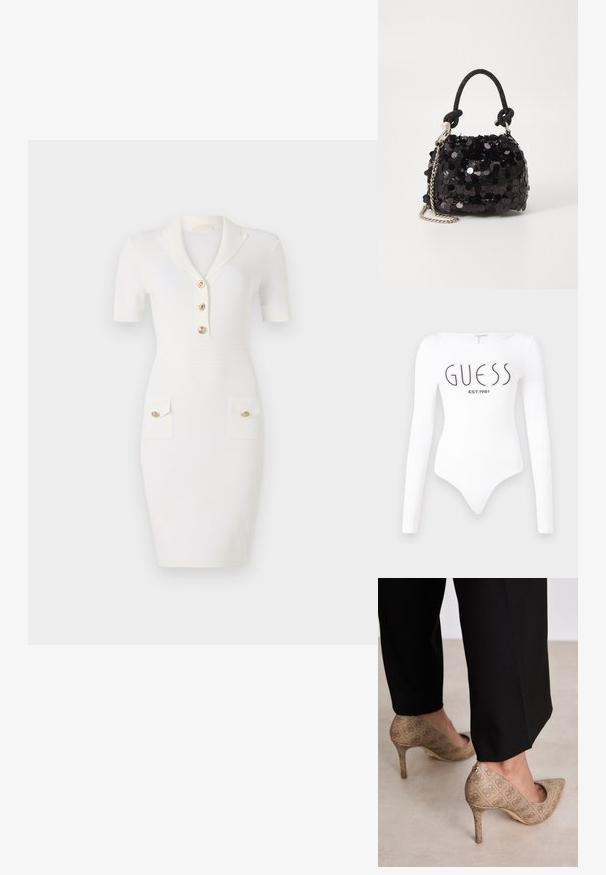 Hvit tettsittende kjole med korte ermer, krage og tre gullknapper. Har to lommer med gullknappdetaljer. Glatt tekstur.; Hvit langermet bodysuit med rund halslinning. Har "GUESS"-logo og "EST.1981" trykt i svart på forsiden. Glatt tekstur.; Beige høyhælte sko med teksturert stoff som har et gjentatt mønster. Spiss tådesign med bakdetalj og gullhelsjekk.; Svart paljettmini-veske med en knyttet teksturert stropp og sølvkjede. Rund form med samlet topp og reflekterende detaljer.