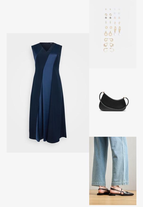 Ujjatlan, V nyakú ruha sötétkéken, texturált szatén részletekkel, A vonalú fazonnal és redőzött kiképzéssel, a vádli közepéig ér.; Fekete bőr szandálcipők hegyes orral, lapos sarokkal és bokapánttal; világoskék, bő szárú farmerrel viselve.; Fekete bőr válltáska ívelt dizájnnal, texturált pánttal és aranyszínű hardverelemekkel a felső záráson. Simára finomított felület.; Arany tónusú fülbevalók szettje, amely különféle mintákat tartalmaz, beleértve a stift fülbevalókat, karikákat és gyöngyökkel és strasszokkal díszített hosszú fülbevalókat.