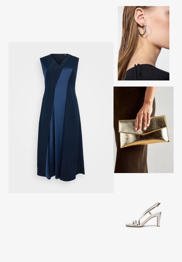 Hihaton, V-painainen mekko tummansinisestä väristä, jossa on teksturoitu satiiniedustus. Mekossa on A-linjainen muotoilu ja laskostettu rakenne, ja se ulottuu puoliväliin pohkeita.; Metallic hopeanväriset korkokengät, joissa on avonaiset varpaat, kolme ohutta remmiä jalan yli ja nilkkaremmi soljella.; Kultainen metallinen käsilaukku, jossa on sileä pinta ja kolmiomainen läppä suljin. Käsivarsi, joka pitää sitä, on siististi hoidettuine kynsineen.; Hopea renkaankorvakoru kiiltävällä pinnalla, jossa on pieniä kultaisia yksityiskohtia ja pyöreä muoto, käytetty korvalla.