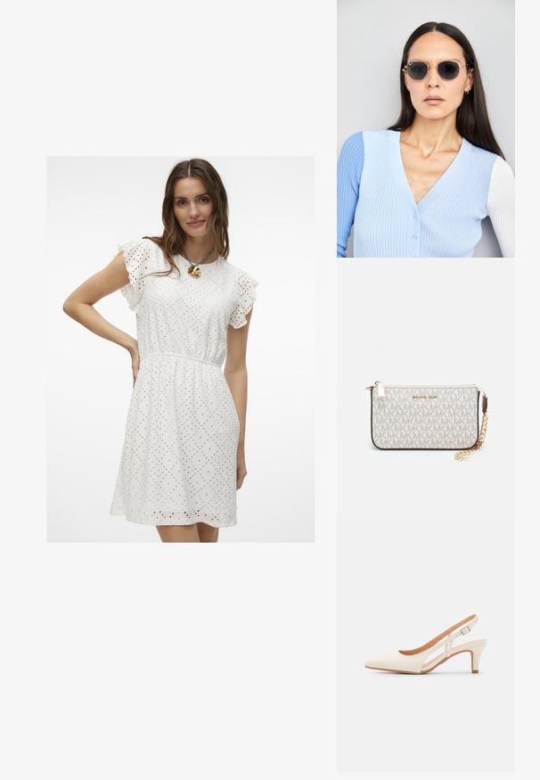 Valge õhku lasev kleit rippuvate varrukatega, vöökohaga ja geomeetrilise lõike mustriga. Sile tekstuur ja põlvepikkune disain.; Valge slingback konts, terava ninaga, siledast ülemisest materjalist, madala ploki kontsaga ja külgse nähtavusega ning reguleeritava pandla rihmaga.; Ringikujulised prillid tumedate läätsede ja kullast raamiga. Mudel on selga pannud helesinise soonikuga kardigani, millel on nupud ja kontrastsed valged varrukad.; Michael Korsi randmevõru beige kaetud kangast, millel on korduv MK logo muster, kuldne riistvara ja eemaldatav ahelistrap.