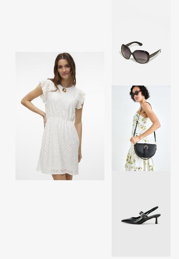 Bílé šaty z krajkového materiálu s volánovými rukávy, staženým pasem a geometrickým výřezovým vzorem. Hladká textura a délka ke kolenům.; Černé lakované boty na podpatku typu slingback s špičatou špičkou a malým blokovým podpatkem, které mají na pásku stříbrný přezkový akcent.; Černé sluneční brýle s oversize, zaoblenými rámy. Skla s gradientem od tmavé po světlejší. Disponují elegantním, lesklým povrchem a jemnými logovými akcenty na spáncích.; Černá kožená kabelka s křivkovým tvarem, odnímatelným popruhem a zlatými detaily. Kabelka má klopu s přezkou.