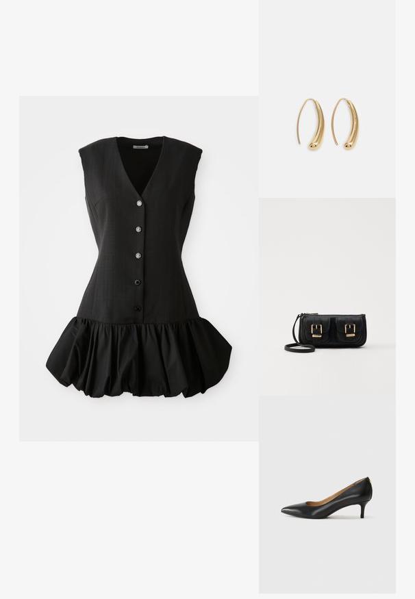 Vestido negro sin mangas con un escote en V profundo, cierre de botones en la parte delantera y dobladillo con volantes. Fabricado con una tela suave que cuenta con un corsé estructurado y una textura suave.; Zapato de tacón negro de cuero con punta afilada, tacón bajo y textura suave. Presenta una ligera apertura en la parte frontal y un hardware minimalista en la parte trasera.; Bolso cruzado de cuero negro con dos bolsillos frontales, hebillas doradas, cierre de cremallera y una correa delgada. Superficie texturizada y forma rectangular compacta.; Pendientes de aro de metal en tono dorado con una forma curva y alargada. Presentan una superficie lisa y brillante y una punta redondeada para mayor detalle.