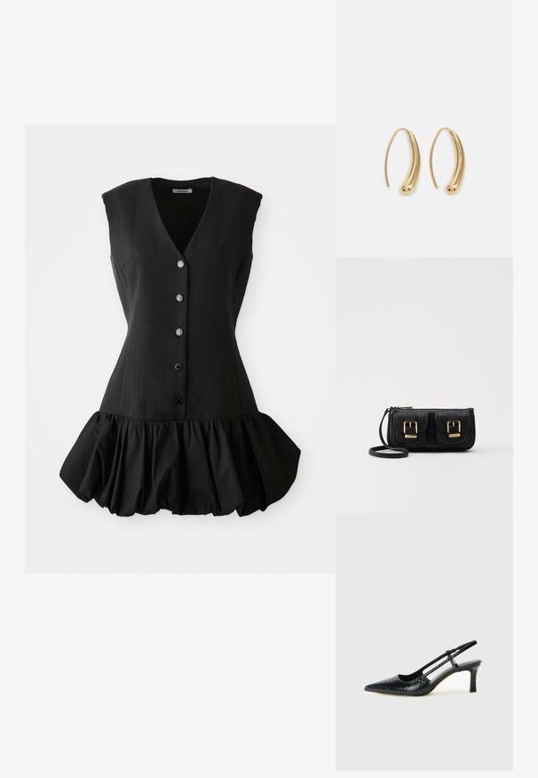 Fekete ujjatlan ruha mély V-nyakkal, gombos elülső résszel és fodros aljjal. Simaságot árasztó anyagból készült, struktúrált felső résszel és lágy textúrával.; Fekete lakk slingback sarok, hegyes orral, texturált kígyómintával, állítható pánttal és rövid, texturált tömbsarkal.; Fekete bőr keresztbody táska két elülső zsebbel, arany csattokkal, cipzáras záródással és vékony pánttal. Textúrált felület és kompakt téglalap alak.; Aranyszínű fémből készült karika fülbevalók ívelt, hosszúkás formával. Simaságával és fényes felületével, valamint lekerekített végével további részletekkel bővül.