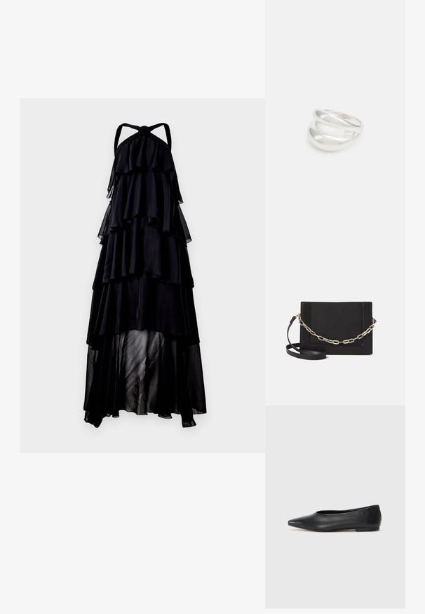 Crna halter maxi haljina s slojevitim volanima, laganom prozirnom teksturom i dugim lepršavim siluetom. Čvor detalj na vratu.; Crne kožne balerinke, uski vrh, minimalistički dizajn, glatka tekstura, niska peta, bez vidljivih dodataka ili ukrasa.; Crna kožna torba preko tijela s glatkom teksturom, pravokutnim oblikom i metalnim lancem na prednjoj strani. Uključena je podesiva naramenica.; Srebrna dvostruka prsten s glatkom, poliranom površinom. Karakterizira ga fluidan, zakrivljen dizajn s preklapajućim sekcijama za moderan izgled.