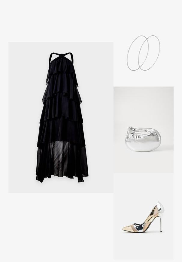 Melna halter tipa maxi kleita ar slāņainām ruffle, vieglu caurspīdīgu tekstūru un garu plūstošu siluetu. Mezgls detaļa pie kakla.; Apspīlēta augstpapēžu kurpe ar zeltītu, sudrabi un neitrālu krāsu kombināciju. Spīguļojoša virsma ar izgriezuma dizainu, aprīkota ar stiletto papēdi.; Sudraba metāliska poga somiņa ar mīkstu, noapaļotu formu un mezgla augšējo aizdari. Izgatavota no gludas mākslīgās ādas materiāla.; Sudraba gredzenveida auskari ar minimālistisku dizainu. Cirkulāra forma, gluda tekstūra un plāns profils. Vieglu svaru ar spīdīgu apdari.