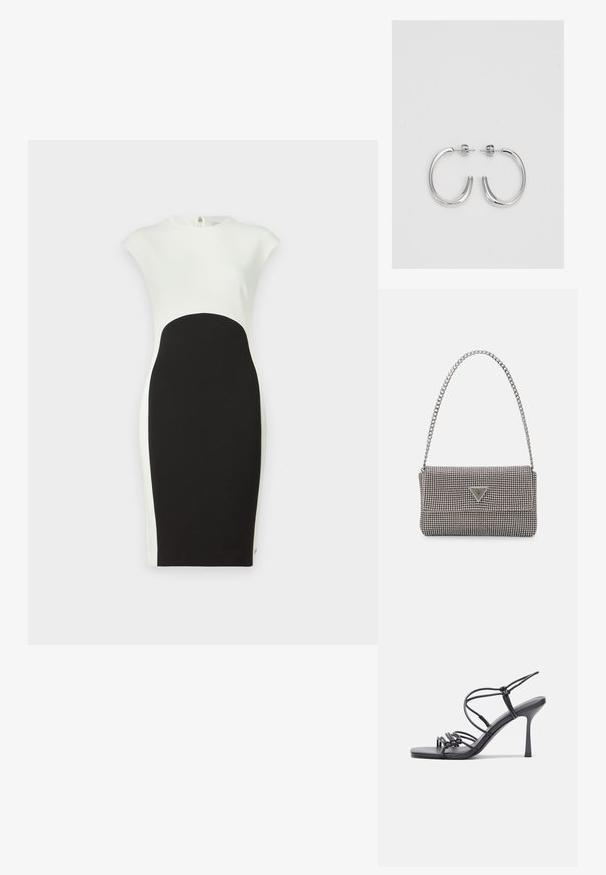 Czarna i biała dopasowana sukienka z krótkimi rękawami; czarny pas z zaokrąglonym panelem, gładka faktura i ukryty zamek błyskawiczny z tyłu.; Czarne sandały na wysokim obcasie mają cienkie paski z węzłowym wzorem, gładki, kwadratowy czubek i smukły obcas w stylu szpilki.; Jasnoszara metaliczna torebka na łańcuszku, ozdobiona małymi okrągłymi metalowymi ćwiekami oraz trójkątnym logo marki.; Srebrne kolczyki na biglu o gładkim, błyszczącym wykończeniu. O zaokrąglonym kształcie, lekkim designie, z zamknięciem na zatrzask.