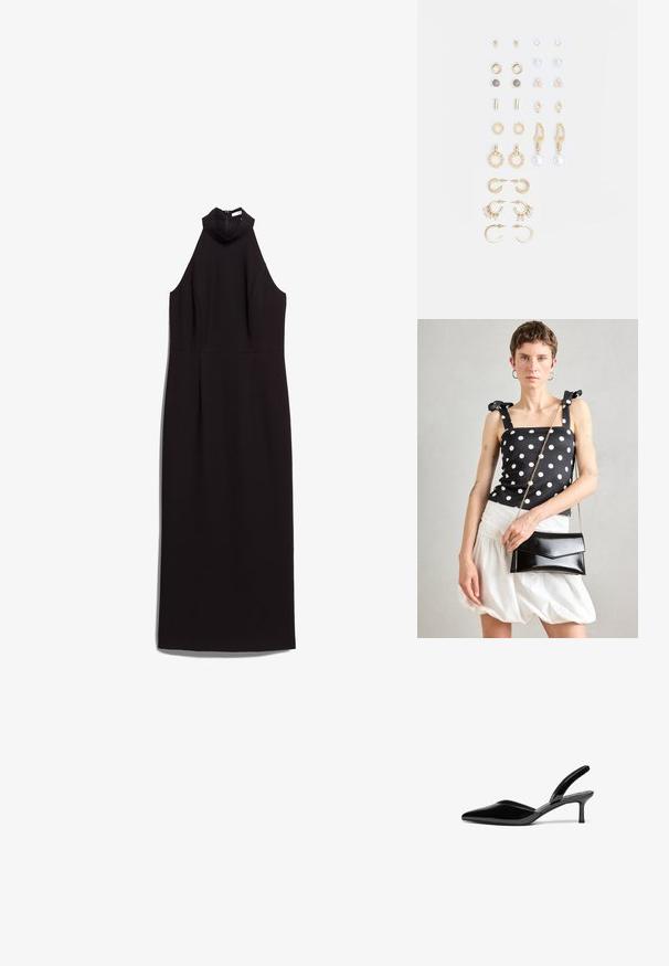 Czarna sukienka bez rękawów o wysokim dekolcie, dopasowanym torsie i prostym kroju. Wykonana z gładkiego materiału z ukrytym zapięciem z tyłu.; Czarne lakierowane obcasy typu slingback z wydłużonym noskiem, niskim obcasem typu stiletto oraz eleganckim, prostym designem bez ozdób.; Czarna i biała bluzka w kropki z paskami w kształcie kokardy, noszona z fakturowaną białą spódnicą w stylu puff, trzymająca błyszczący czarny prostokątny kopertówkę.; Zestaw kolczyków w kolorze złotym, zawierający różne wzory, w tym klipsy, kółka oraz zwisające elementy z perłami i cyrkoniami.