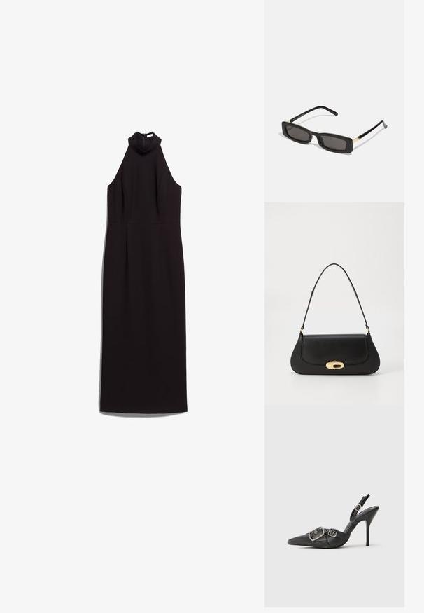 Robe noire sans manches avec un col haut, un corsage ajusté et une silhouette droite. Fabriquée en tissu lisse avec une fermeture éclair au dos dissimulée.; Escarpin noir à bout pointu avec double boucle en argent et une bride de cheville, présenté sur un fond blanc uni.; Lunettes de soleil noires rectangulaires avec des verres sombres, monture en plastique brillant et accents dorés sur les branches. Design minimaliste et forme épurée.; Sac à main en cuir noir avec un design incurvé, matériel doré et une poignée sur le dessus. Présente une fermeture élégante et une texture lisse.