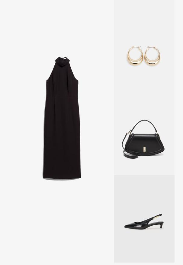 Juoda be rankovių suknelė su aukštu kaklo iškirpimu, prigludusia liemeniu ir tiesia siluetu. Pagaminta iš lygios medžiagos su paslėptu užtrauktuku nugarėje.; Juodas odinis pavasario batelių modelis su smailiu nosiu, turintis siaurą kulniuką ir auksinės spalvos akcentu reguliuojamoje juostoje. Lygi tekstūra.; Juoda odinė rankinė su struktūrizuotu dizainu, turi trumpą formą, viršutinę rankeną ir auksinius akcentus. Pridėtas reguliuojamas peties diržas.; Auksinės tonacijos auskarai su mėnulio forma, lygus paviršius ir sklendės uždarymas. Lygus tekstūra ir atspindintis finis padidina matomumą.