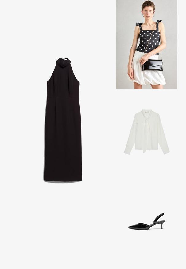 Must mustriga kleit kõrge kaelusest, vormitud voodriga ja sirge siluetiga. Valmistatud siledast kangast, millel on peidetud seljaosa tõmblukk.; Valge pika varrukaga pluus, mis on valmistatud siledast kangast, kaeluses on side ning varrukaotsad on kohandatud. Lihtne, klassikaline disain ilma mustriteta.; Mustad nahast slingback kontsad terava ninaga, madala stilettokontsa ja sõbraliku, lihtsa kujundusega ilma dekoratsioonideta.; Mustvalge täpiline topp koos sõlmedega õlgadel, kantud tekstuuriga valge puhvis seeliku ja läikiva musta ristkülikukujulise käekotiga.