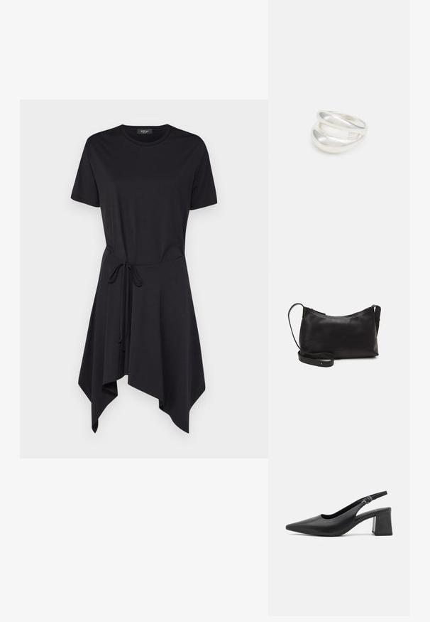 Replay Jurk - black; Zwarte leren slingback hak schoen met een puntige neus en een stevige blokhak. Beschikt over een verstelbare band met een metalen gesp.; Zwarte leren schoudertas met een gladde textuur, gebogen vorm, verstelbare schouderband en een ritsafsluiting. Minimalistisch ontwerp zonder versieringen.; Zilveren dubbele ring met een gladde, gepolijste oppervlakte. Heeft een vloeiende, gebogen vorm met overlappende secties voor een moderne uitstraling.