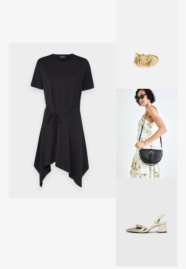 Replay Freizeitkleid - black; Goldene, metallische Slingback-Absätze mit spitzem Zeh und dicker Ferse. Glatte Textur, minimalistisches Design und ein schmaler Riemen.; Schwarze Lederhandtasche mit geschwungener Form, abnehmbarem Tragegurt und goldenen Beschlägen. Die Tasche verfügt über einen Deckel mit einer Schnallen-Details.; Goldring mit strukturiertem, wellenförmigem Design, das drei markante Spitzen aufweist. Glatte, glänzende Oberfläche mit einem offenen Band für einen verstellbaren Sitz.