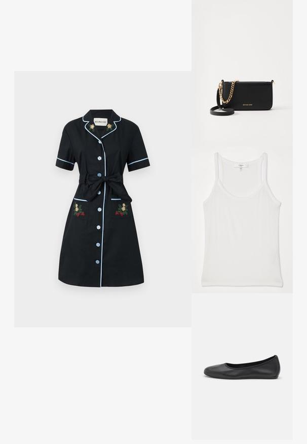 Helmstedt FIONA DRESS - Rochie tip cămașă - black; Top alb fără mâneci, fabricat dintr-un material moale, cu textură ribbed; are bretele subțiri și un decolteu rotund, eticheta spune "FRAME."; Balerini din piele neagră, cu vârf rotund, textură netedă, detalii de cusătură minimale și un design al tălpii flexibil.; Clutch din piele neagră, cu un accent de lanț auriu, textură netedă și detalii cu logo auriu. Include o curea ajustabilă pentru versatilitate.