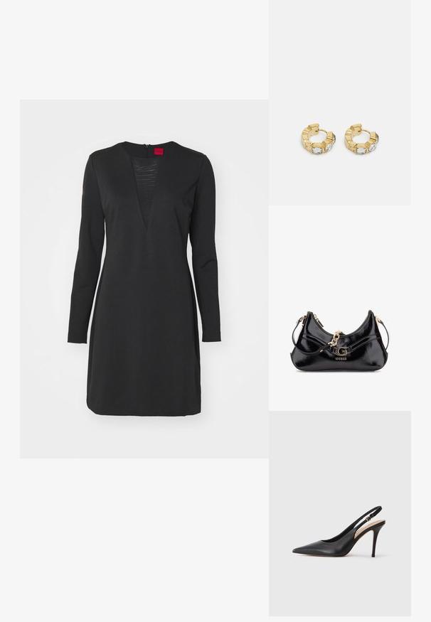 Črna dolga bluza z dolgimi rokavi in V-izrezom ter vertikalnim teksturiranim panelom. Narejena iz gladkega materiala, vsebuje skrit zadrgo na hrbtni strani.; Črne usnjene sandale s peto s konicami, gladko teksturo in nežnim trakom z kovinsko zaponko.; Črna lakasta torba z ukrivljenim dizajnom, z zlatimi kovinskimi dodatki in izrazitim logotipom. Vključuje snemljiv rame podloženi trak.; Zlati uhani v obliki obroča z teksturiranim dizajnom in tremi prozornimi kristalnimi poudarki na eni strani, ki ponujajo sodoben geometrijski estetski videz.