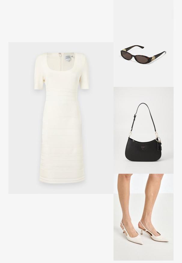 Valkoinen ribbiknitti mekko, jossa on neliön muotoinen kaula-aukko ja lyhyet hihat; siinä on vaakasuoria tekstuurikuosisia ja takana vetoketjukiinnitys.; Beige patenttaja nahkaslingback-korkokengät, joissa on teräväkärkinen muotoilu ja 5 cm:n korko. Kenkäparissa on leikattuja reunoja ja ohut nilkkaremmi.; Silmärilakkiset tortoiseshell-aurinkolasit, joissa on pitkänomaiset ovaalit linssit, ruskea sävy, kultaiset logo-koristeet temppeleissä ja sulavalinjaiset mustat varret.; Musta synteettinen käsilaukku, jossa on kaareva muoto, kultaiset metalliosat ja kolmio-logo. Varustettu vetoketjusulkeisella ja säädettävällä hihnalla.