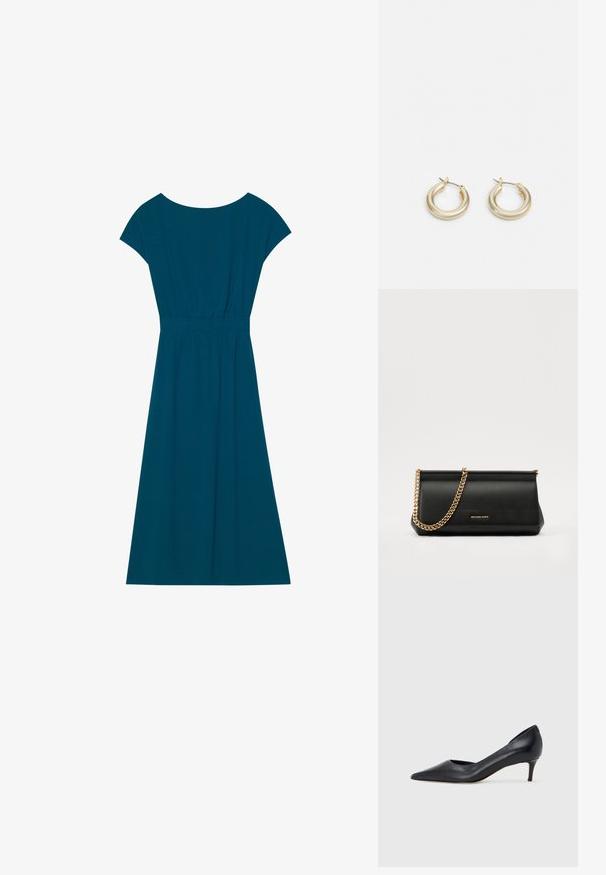 Vestido teal, até ao joelho, feito de material suave, com decote arredondado, mangas curtas e uma cintura elástica para um ajuste confortável.; Sapato de salto alto preto em pele com bico fino e salto baixo. Apresenta uma textura suave e brilho subtil. Corte aberto na parte da frente para um detalhe adicional.; Mala de mão de couro preta com uma alça de corrente dourada, apresentando uma textura suave, forma retangular e uma marca gravada na parte da frente.; Lauren Ralph Lauren BASIC SMALL HOOP - Brincos - gold-coloured