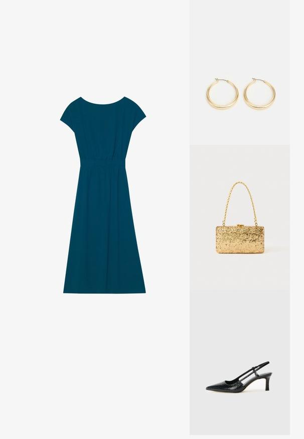 Rochie teal, până la genunchi, realizată dintr-un material moale, cu un decolteu rotund, mâneci scurte și o talie elastică pentru o croială relaxată.; Pantofi cu toc slingback negri din patent, cu vârf ascuțit, cu imprimeu de șarpe texturat, curea ajustabilă și toc scurt texturat.; Clutch din paiete aurii, cu o formă rectangulară, având un mâner din lanț croit și o închidere cu clapetă metalică, reflectând lumina cu un finisaj texturat.; Cercei tip cerc din metal auriu, cu un design neted și rotund, având un închizător din fir subțire și un finisaj lustruit pentru un aspect strălucitor.