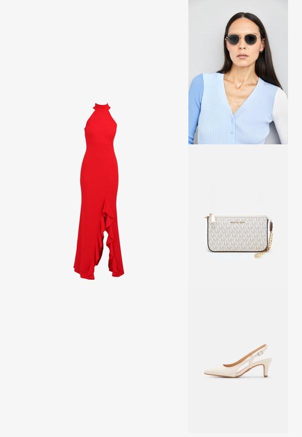 Punane kaeluseta kleit, millel on sobiv bodice ja lehviv ripsmete äär. Valmistatud siledast kangast, omades voolujoonelist siluetti.; Valge slingback konts, terava ninaga, siledast ülemisest materjalist, madala ploki kontsaga ja külgse nähtavusega ning reguleeritava pandla rihmaga.; Ringikujulised prillid tumedate läätsede ja kullast raamiga. Mudel on selga pannud helesinise soonikuga kardigani, millel on nupud ja kontrastsed valged varrukad.; Michael Korsi randmevõru beige kaetud kangast, millel on korduv MK logo muster, kuldne riistvara ja eemaldatav ahelistrap.
